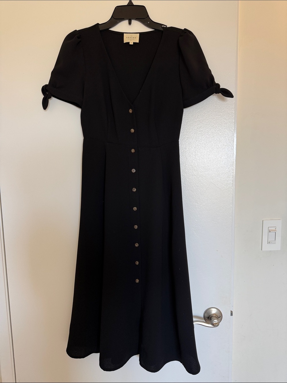 Sezane Black Button-Front V-Neck Midi Dress with Tie Sleeve Bows